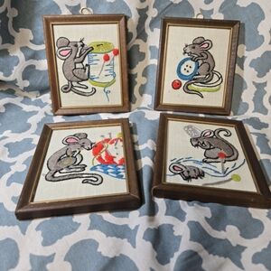 VINTAGE Set of 4 unique/ rare embroidered  framed mouse sewing scenes